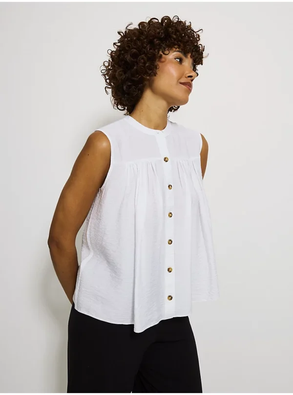 White Button Through Gathered Crinkle Blouse - Image 3