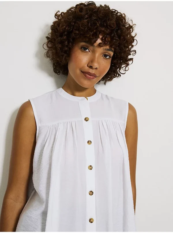 White Button Through Gathered Crinkle Blouse - Image 2