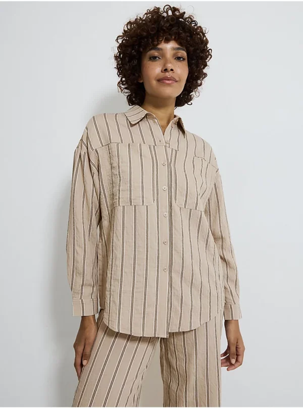 Neutral Striped Crinkle Pocket Co Ord Shirt