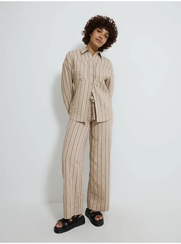 Neutral Striped Crinkle Pocket Co Ord Shirt - Image 2