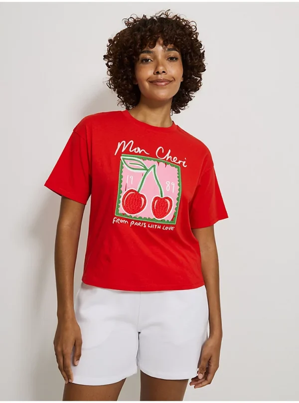 Red Embroidered Mon Cheri Paris Cherry T-Shirt