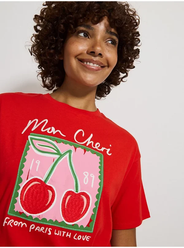 Red Embroidered Mon Cheri Paris Cherry T-Shirt - Image 2