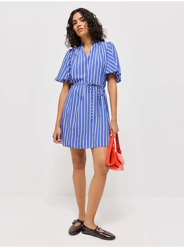 Blue Double Stripe Flutter Sleeve Belted Mini Dress - Image 2