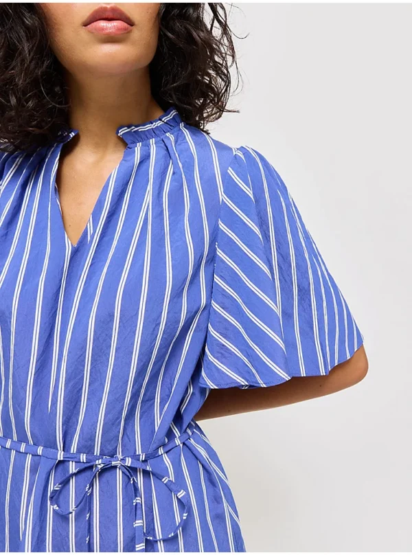 Blue Double Stripe Flutter Sleeve Belted Mini Dress - Image 3
