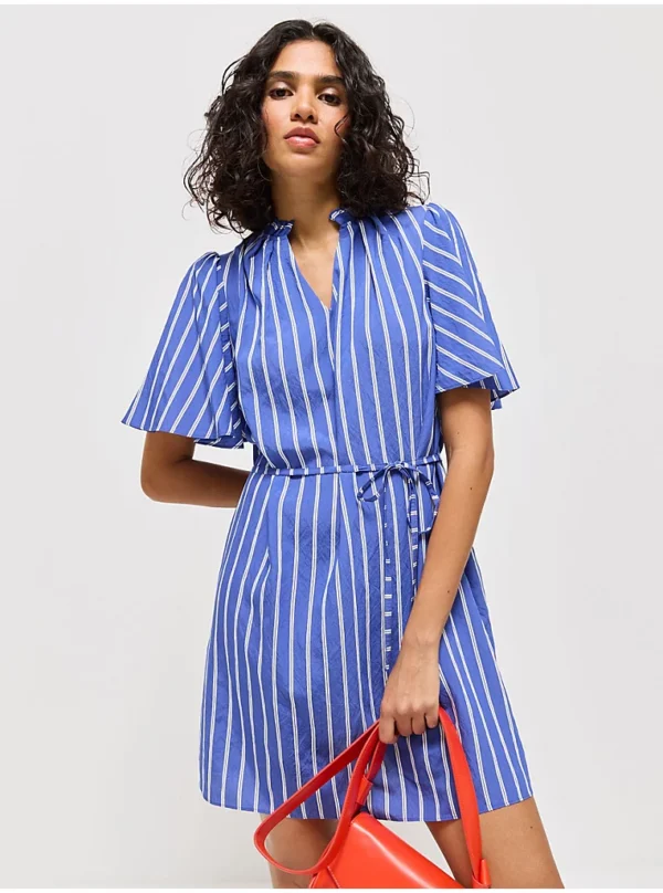 Blue Double Stripe Flutter Sleeve Belted Mini Dress
